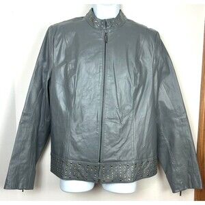Bradley Bayou Gray Leather Moto Jacket Coat Stud Detail Size XL